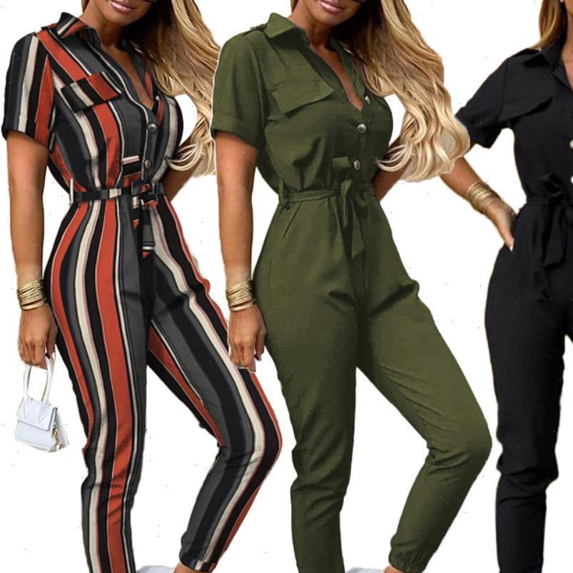 

80% salesoffice short sleeve women romper v neck stripes print button belt one piece jumpsuit, Black;white