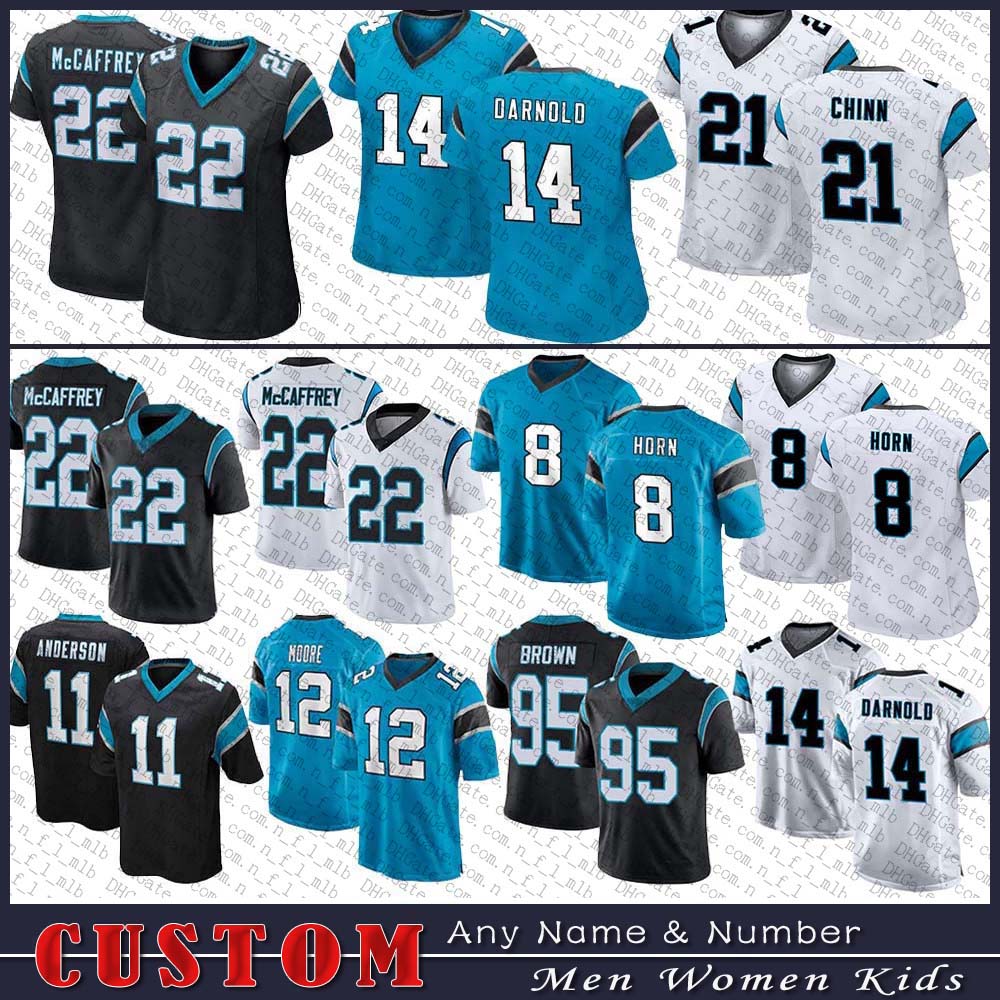 

8 Jaycee Horn Football jersey 22 Christian McCaffrey 14 Sam Darnold 53 Brian Burns 21 Jeremy Chinn A.J. Bouye Denzel Perryman Custom Men Women Kids Carolina Panther, Shown