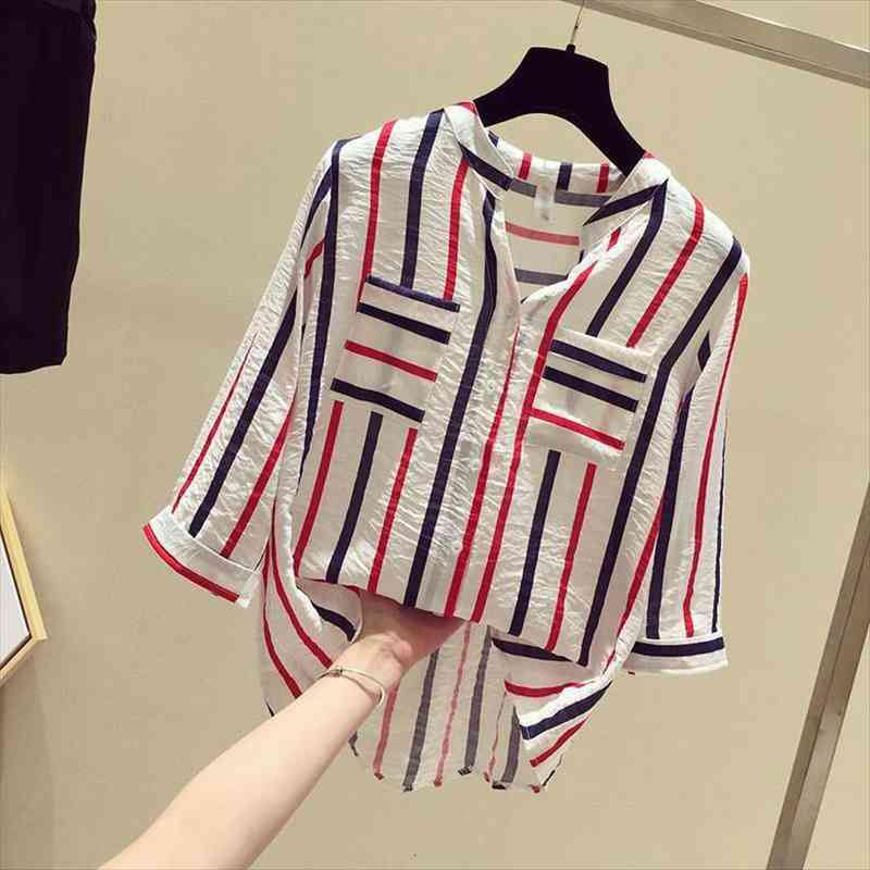 

arrival summer fashion women 3 4 sleeve loose shirts chiffon v-neck striped blouse plus size female blusas casual d496, White