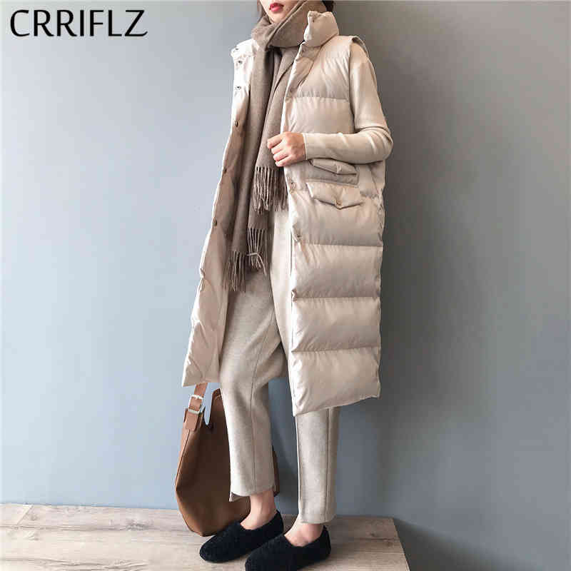 

Fashion Winter Down Jacket Women Long Stand Collar Parka Female Casual Sleeveless Solid Vest Chic Coat CRRIFLZ 210520, Apricot