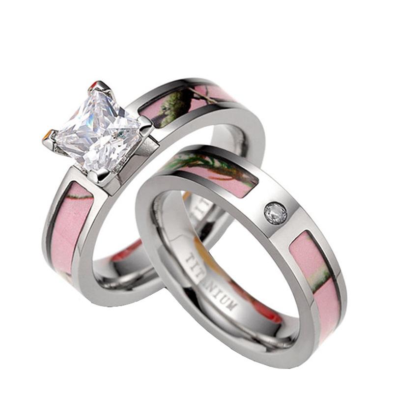 

2pcs/Lot Luxury Cubic Zirconia Pink Camo Ring Set Women Titanium Wedding Band Engaement Rings Couple Big Stone Feamle