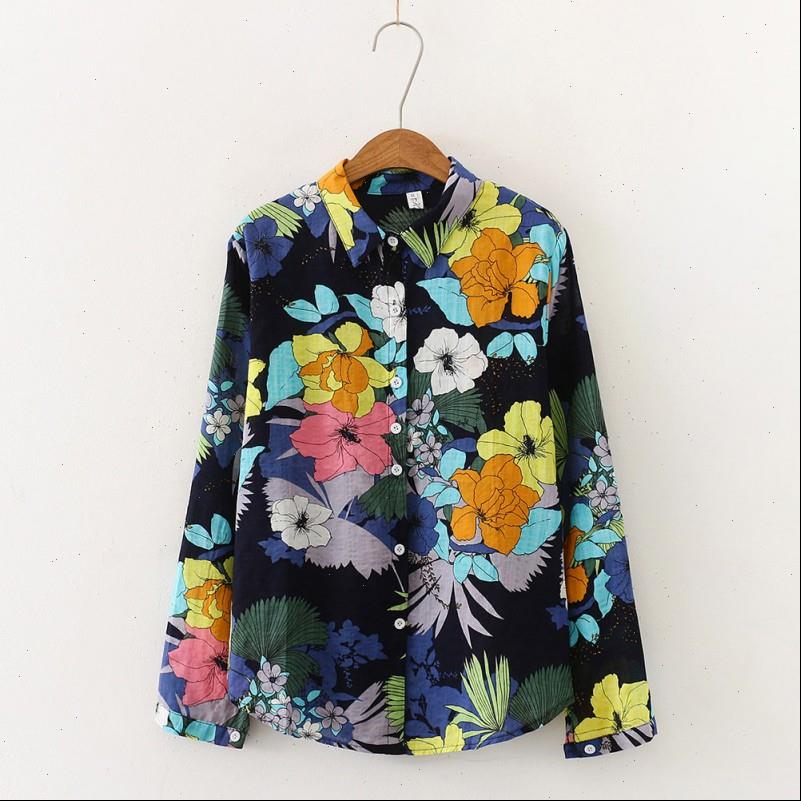 

women blouses womens shirts vintage cartoon flower print turn down collar shirt loose single breasted long sleeve drop, White