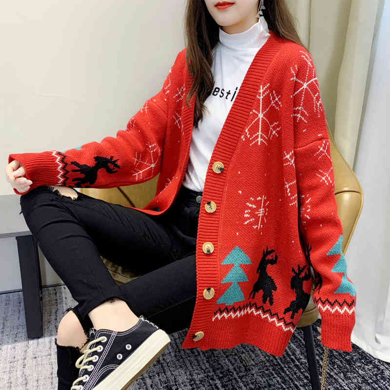 

Autumn Knit Female Cardigan Loose Streetwear Sweater Coat christmas Cartoon Print V Neck knitted cardigan Women Jacket 210520, Black
