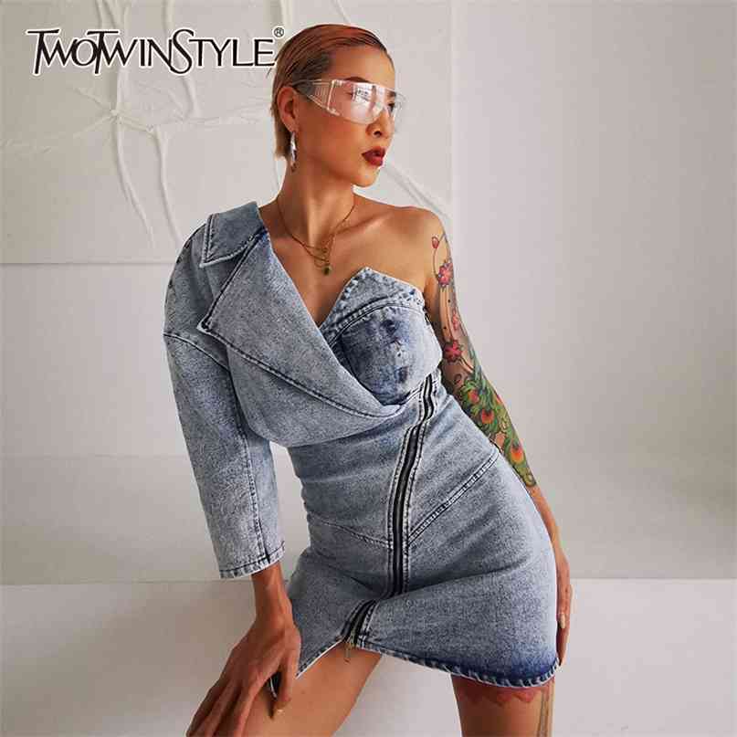 

Sexy Denim Asymmetrical Dresses Female Irregular Collar Long Sleeve High Waist Mini Summer Dress Women Clothes 210520