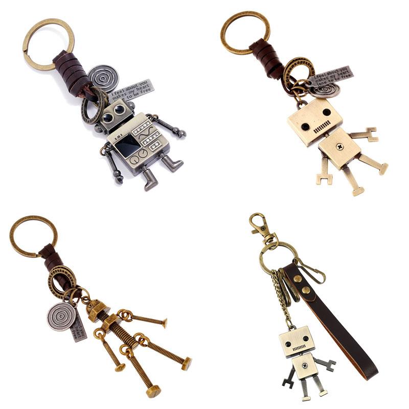 

Keychains Genuine Leather Key Chains Punk Rock Vintage Movable Robot Car Ring Bag Pendant For Man Woman Jewelry Gifts