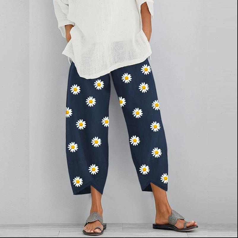 

cotton linen small daisy women capris printed pants summer high waist beachwear wide leg loose trousers wdc4746, Black;white