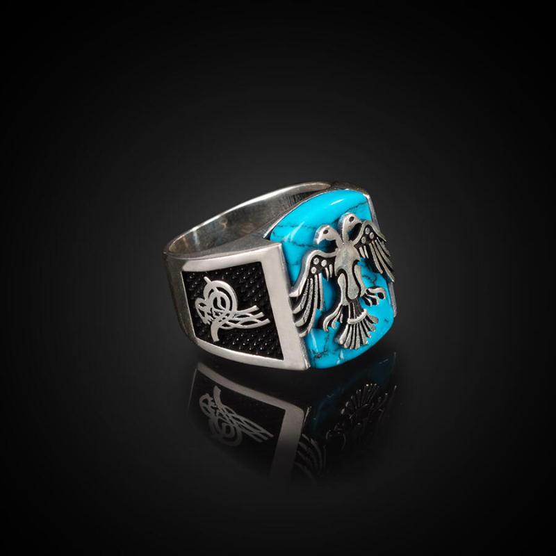

Men Silver Ring With Blue Turquoise Stone And Animal Eagle Motif, Made In Turkey, Solid 925 Sterling Cluster Rings