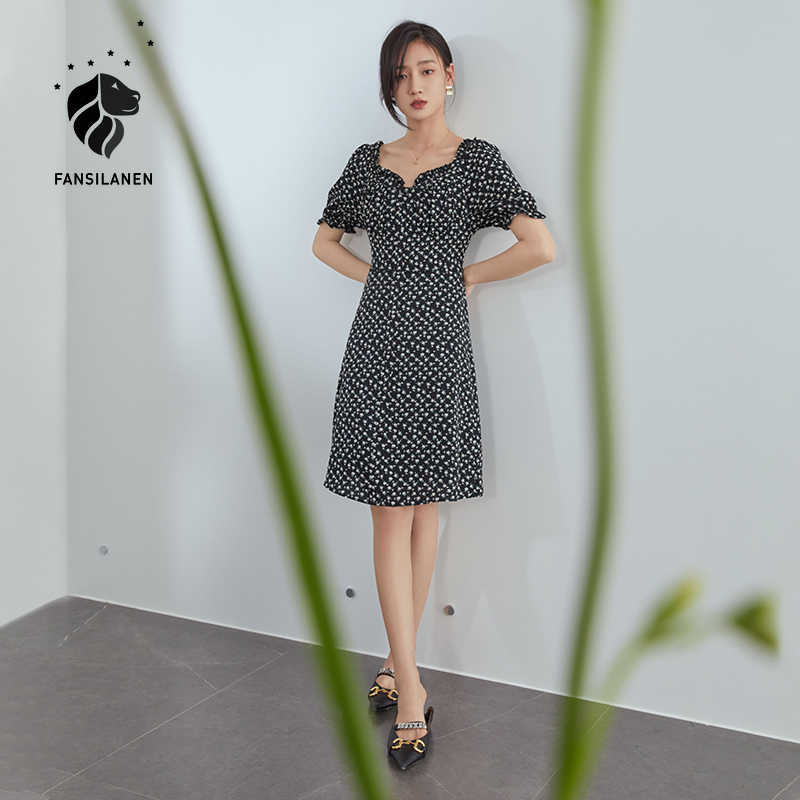 

FANSILANEN Office Ladies French Square Collar Floral Dress Women Summer Style Black Skirt Dresses For 210607
