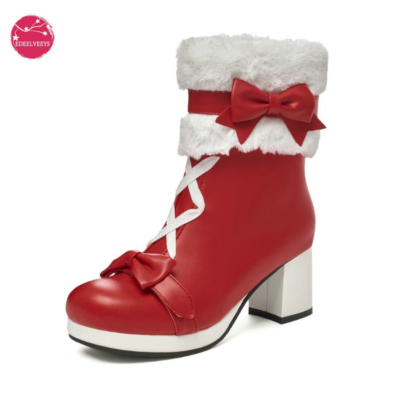 

Boots Winter High-heeled Lolita Ankle Faux Fur Waterproof Platform Thick Bottom Cute Bow Red Pink Black Women Shoes Size 34-43