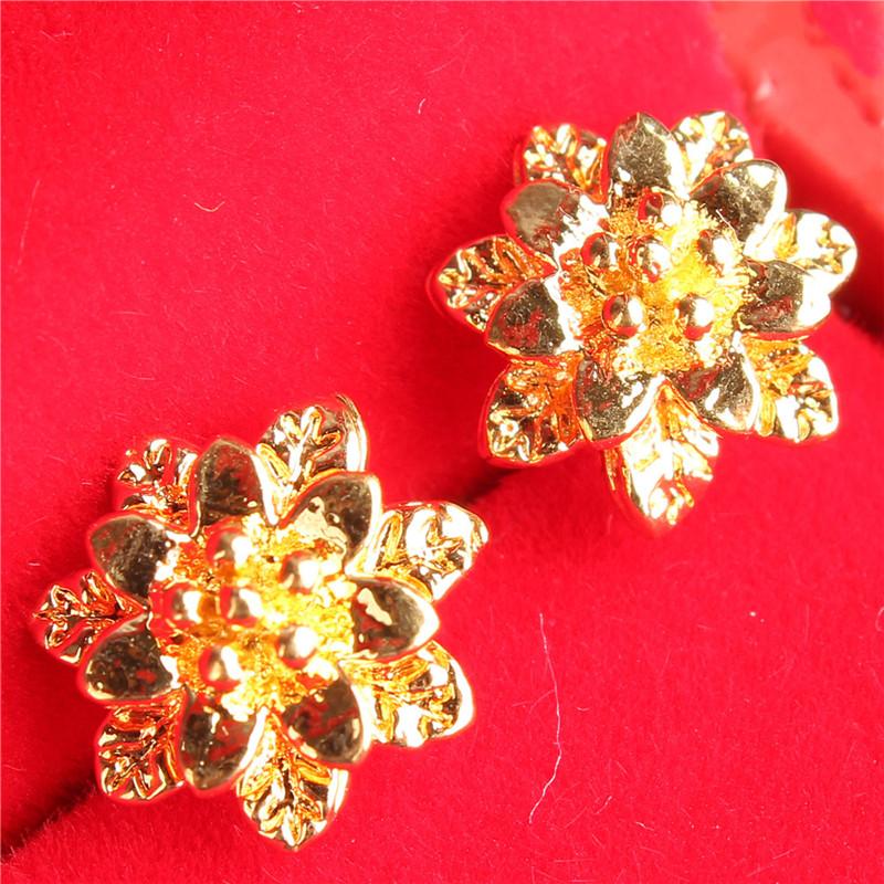 

Dangle & Chandelier Women Wedding 24K Yellow Gold Stud Earings Exquisite Flower Shape Piercing Earrings For Ladies Ear Cuffs Jewelry Gifts