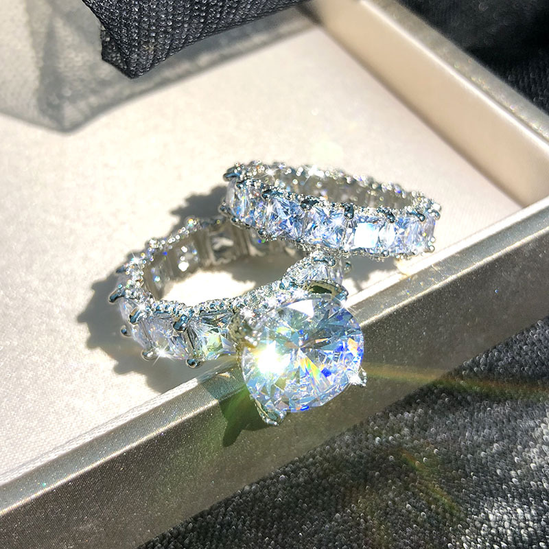 

Luxury Jewelry 925 Sterling Silver Large Round Cut White Topaz CZ Diamond Couple Rings Women Wedding Bridal Ring