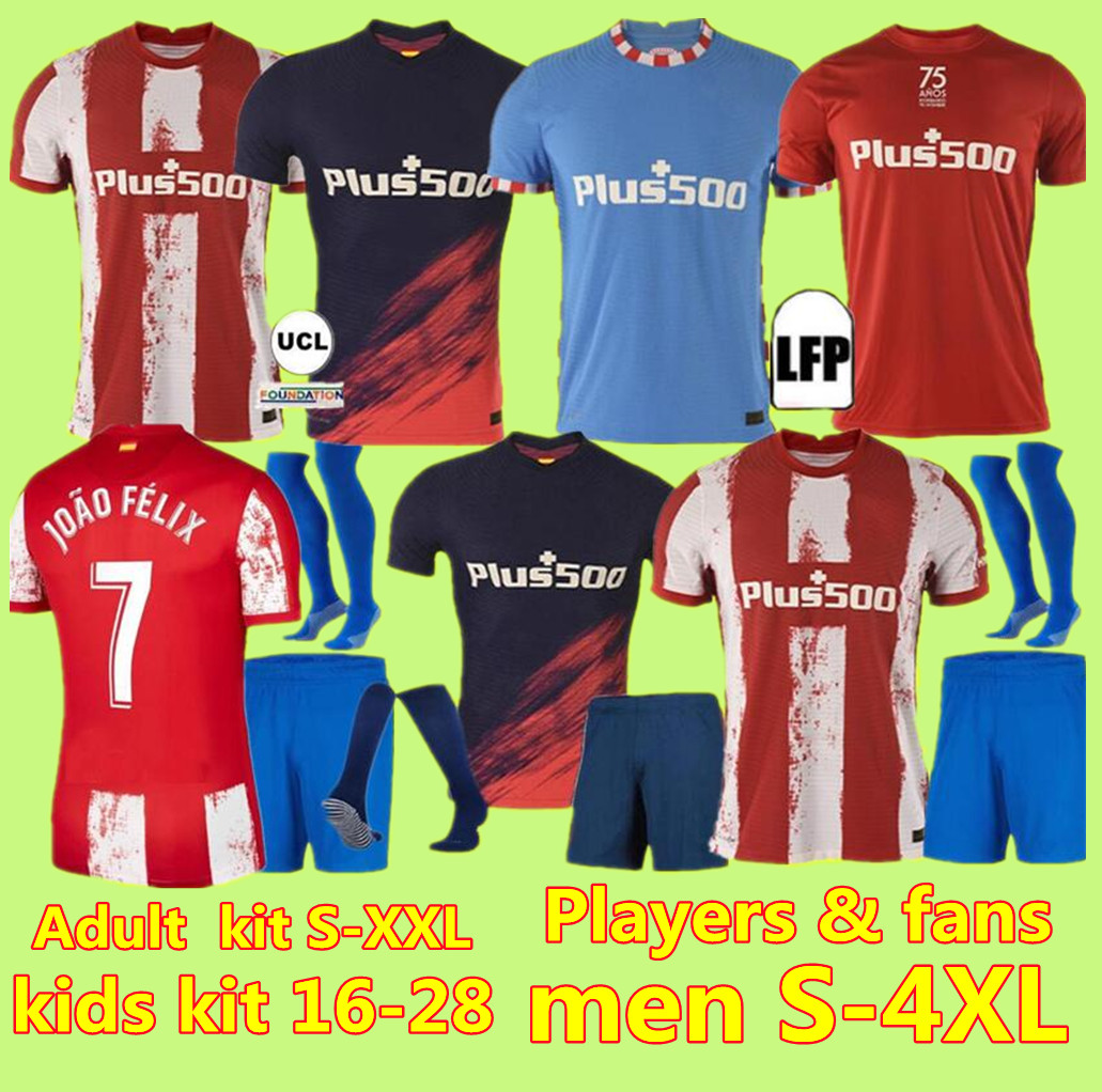 

Player FANS version 21 22 Atletico soccer jerseys MADRID JOÃO FÉLIX camiseta 2021 M. LLORENTE KOKE SAUL SUAREZ football shirts 2022 LEMAR men kids kit sets uniforms, Black