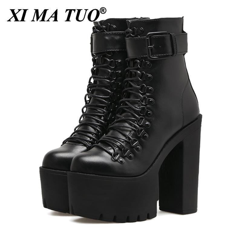 

Boots Fashion Motorcycle Women Leather Spring Autumn Metal Buckle High Heels Shoes Zipper Black Ankle Woman Lacing