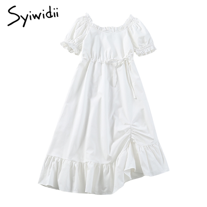 

Puff Sleeve High Waist Dresses Women Short Mid-Calf Slash Neck A-line Clothing Summer Korean Fashion Dress 210607, White