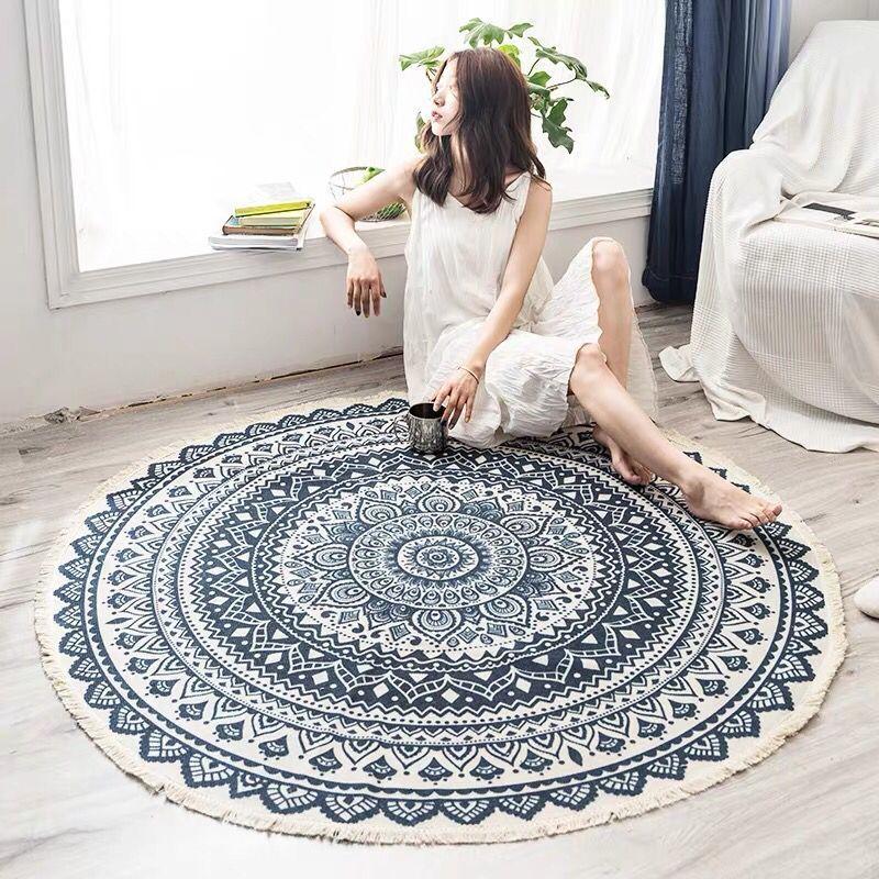 

Carpets Blue Black Mandala Floral Carpet Cotton Tassel Braid Circle Rug Geometric Pattern Nordic Style Floor Mat Chair