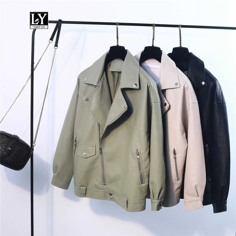 

LY VAREY LIN Autumn Faux Leather Loose Jackets Women Pu Moto Zipper Turndown Collar Overcoat Female Street Outerwear 210526, Green