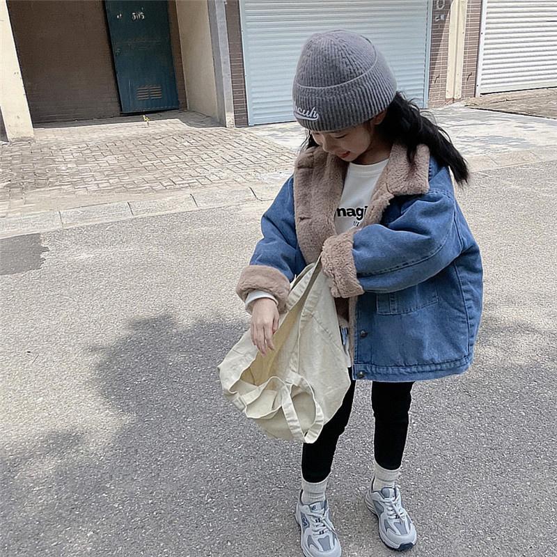 

Jackets Denim Coat For Kids 2021 Winter Coats And Outerwear Turn-Down Collar Velour Warm-Keep Children's Thickened, Blue;gray