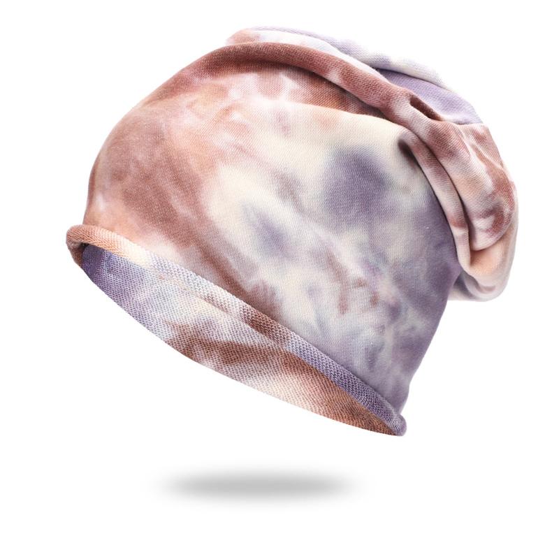 

Beanies Tie-dye Caps Autumn Female Casual Fashion Bottoming Outdoor Curled Big Head Pile Chapeu Feminino 2021