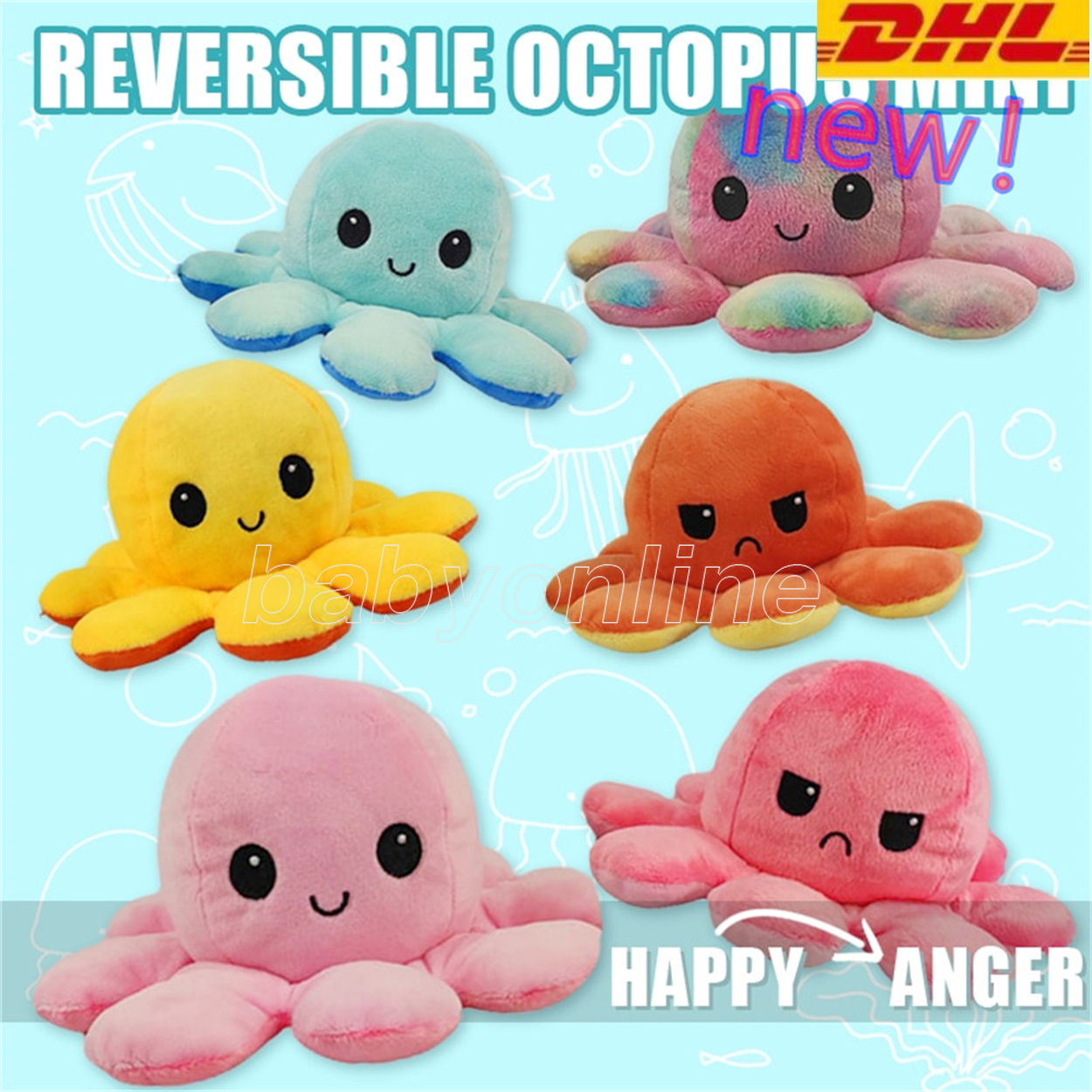 

IN STOCK Kids Gift Doll Cute Reversible Flip Octopus Stuffed Soft Dolls Double-sided Expression Plush Toy New Year Christmas Gifts