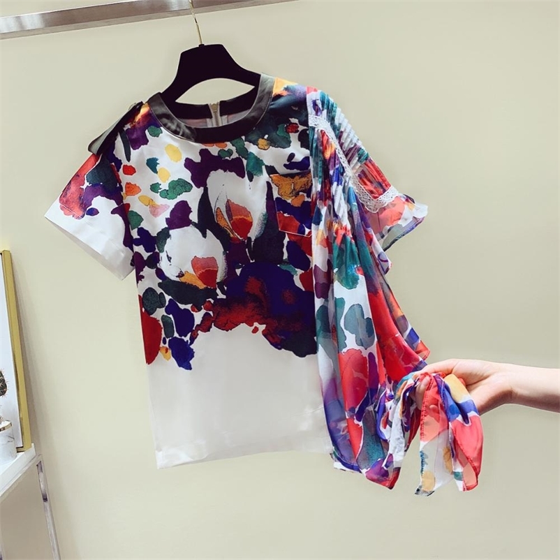 

Women' O Neck Short Sleeves Graffiti Patchwork Irregular T-Shirt Tee Summer Girls Female Pullover Casual Tops Tees A2710 210519, Beige