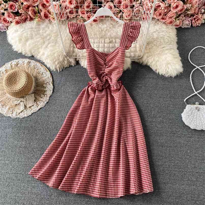 

Summer Vintage Women's Dress Ruffles Spaghetti Strap V-neck Sleeveless Ruched Plaid Print A-line Casual Midi Dresses 210603, Red