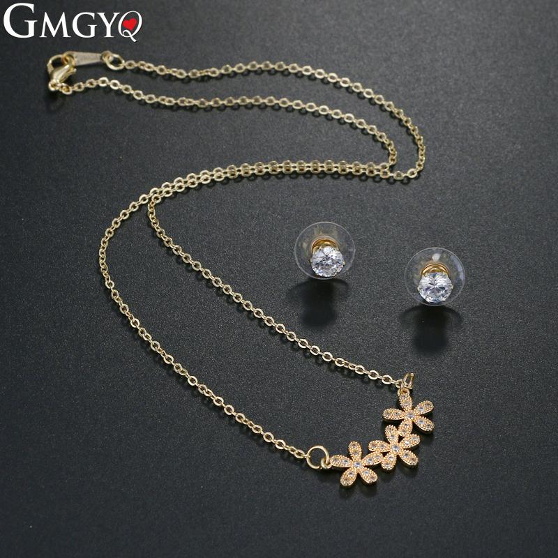 

Earrings & Necklace GMGQY Simple Flower Design Gold Color Jewelry Cubic Zircon Crystal Earring Sets For Women Daily Wears, Silver