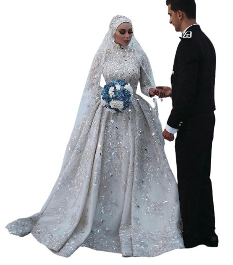 2022 A Line Muslim Wedding Dress Bridal Gowns Major Beading High Neck Long Sleeves Lace Garden Dresses-image-736663009