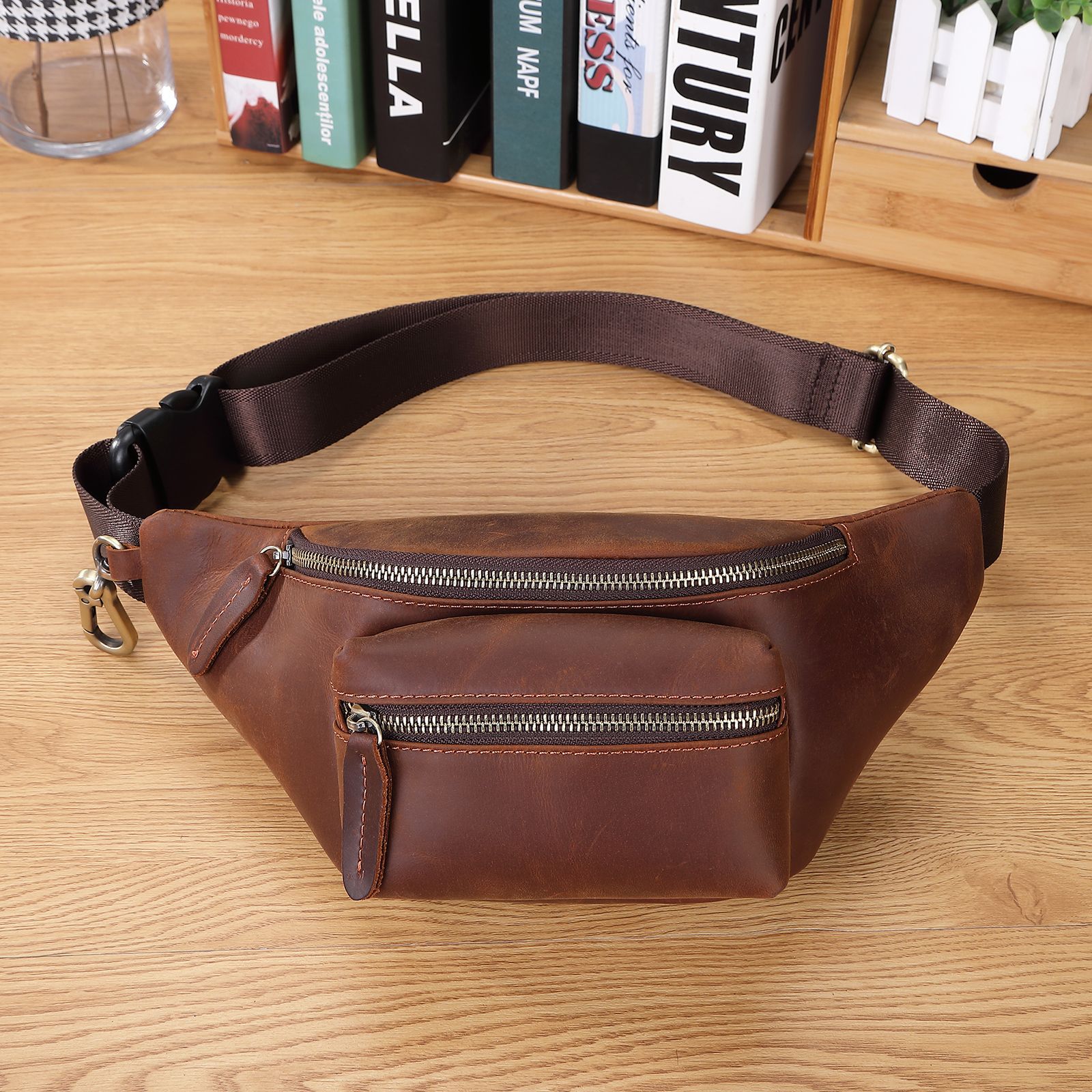 

Genuine Leather Waist Vintage Men Bag Male Crazy Horse Belt Fanny Pack Large Hip Travel Packs, Khaki
