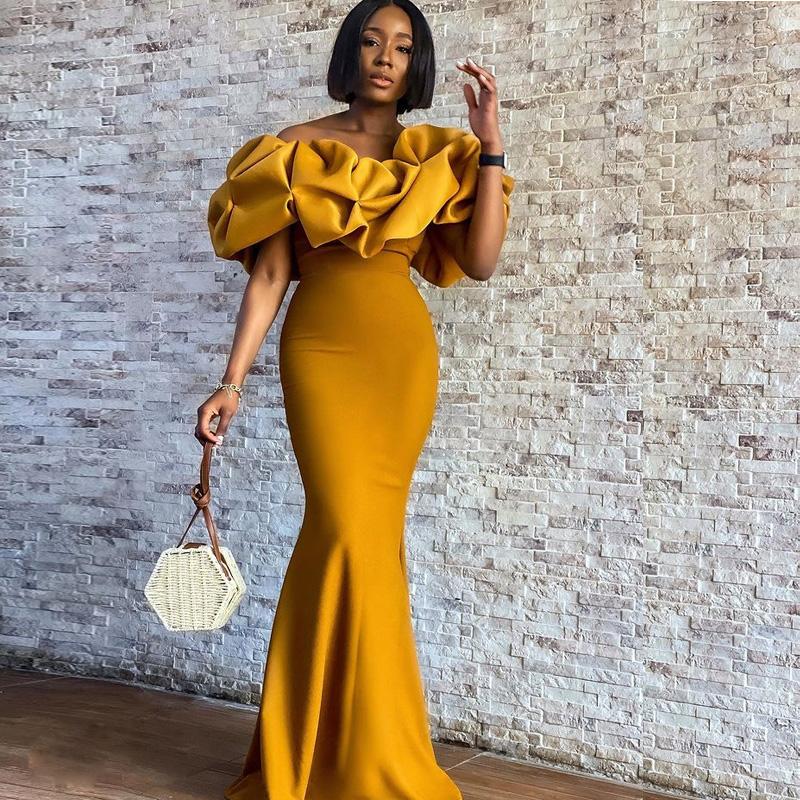 

Mustard Yellow Mermaid Bridesmaids Dresses Ruffles Off Shoulder Wedding Guest Gowns Black Girl Maid Of the honor Dress Plus Size robes de cocktail