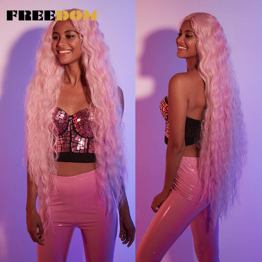 

wig Freedom Synthetic Lace Front Wipes for Women 40 Inch Super Long Natural Curly Wave Shade Blonde Pink Wig Colorful Cosplay wigs, Black;brown