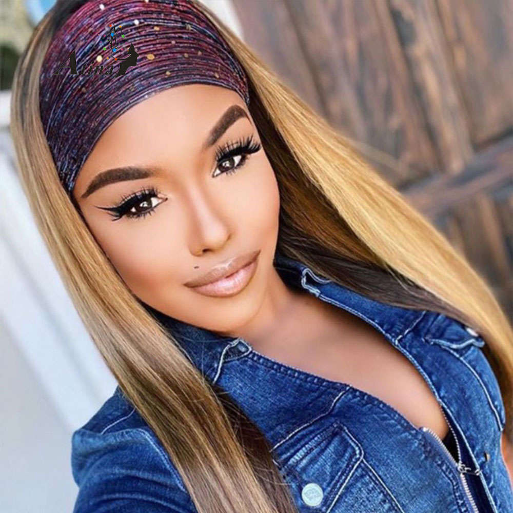 

Headband Wig Straight Highlight P4/27 Ombre Honey Blonde 150 Density Human Hair Wigs Gluels Remy Pre Plucked For Women, Black;brown