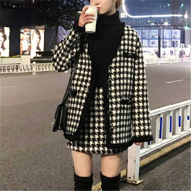 

Houndstooth Vintage Two Piece Sets Outfits Women Autumn Cardigan Tops And Mini Skirt Suits Elegant Ladies Fashion 2 Piece Sets 211108, As pictured