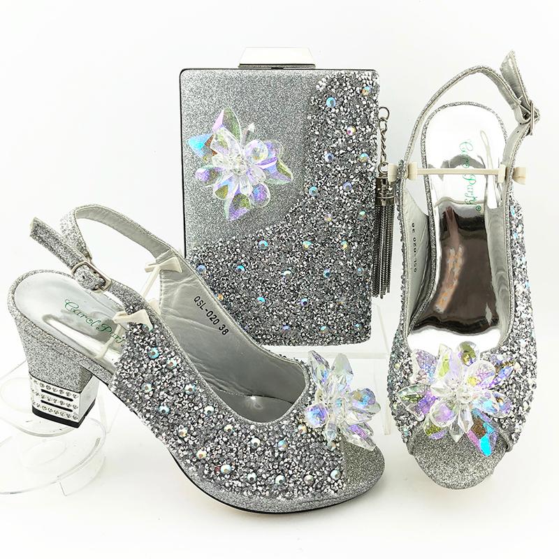 

Dress Shoes Latest Silver Color And Bags Set Nigerian Match Matching African Women Rhinestone Wedding, Black