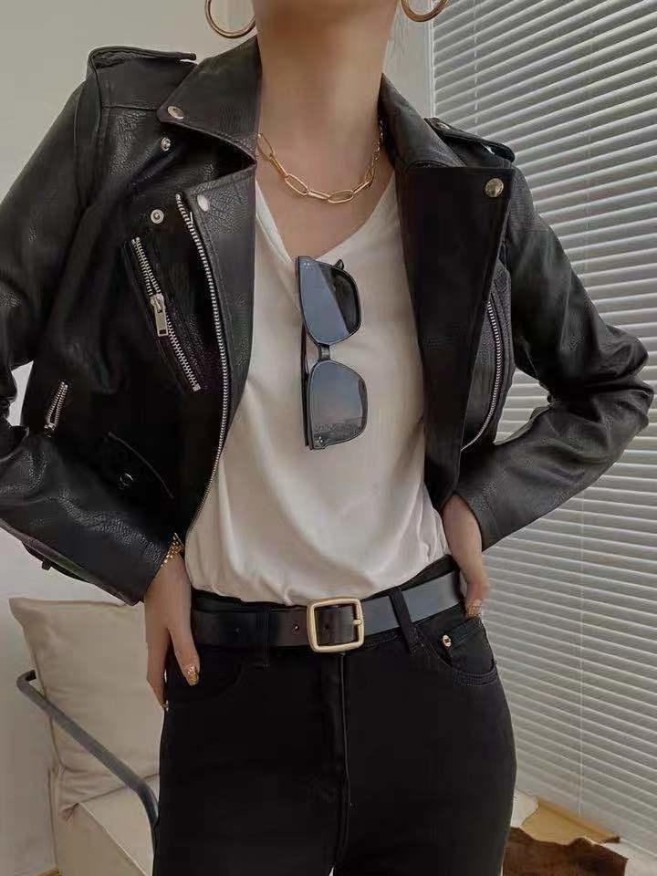 

Women' Leather & Faux Black Jacket 2021 Spring Short Slim And Versatile Motorcycle Fashion