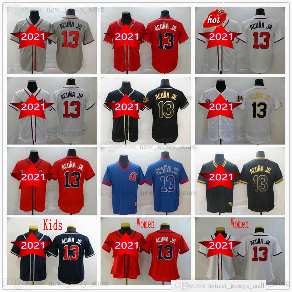 

2021 Man Women Youth Kids Stitched Baseball 13 Ronald Acuna Jr. Jerseys Grey Black Gold White Red Dark Blue Jersey, Youth size s-xl