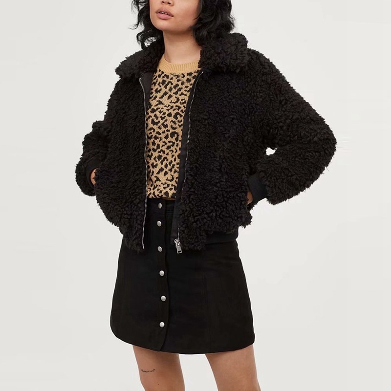 

Autumn Women Warm Terry Jackets Turn Down Collar Zipper Black Jacket Casual Street Loose Outwear Coat XZ2621 210525