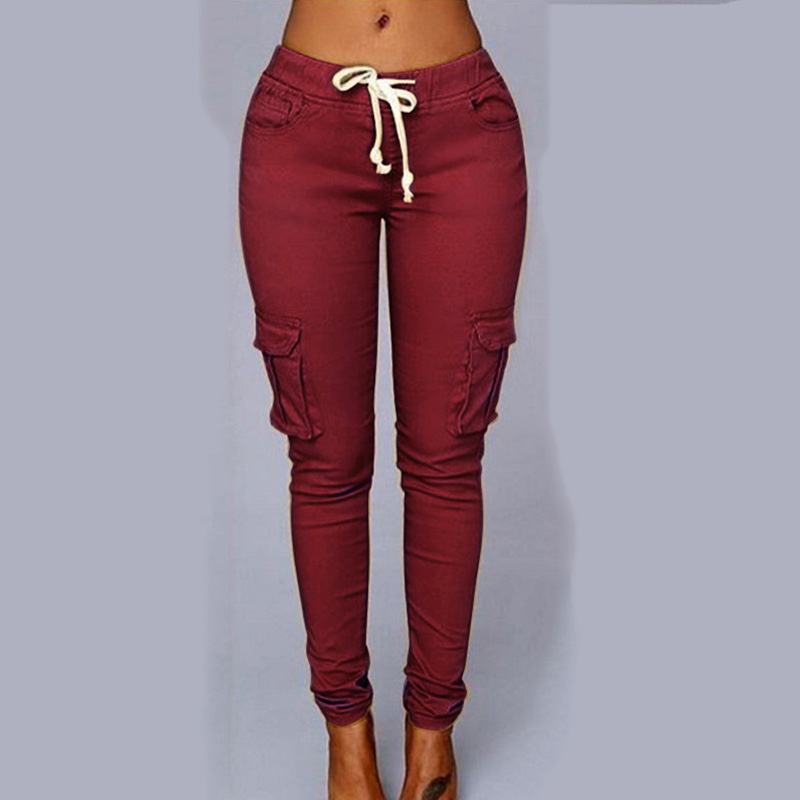 

Plus Size Cargo Trousers Pencil Pant Lace Up Waist Casual Women Pockets Slim Fit Streetwear XXL, K318 black