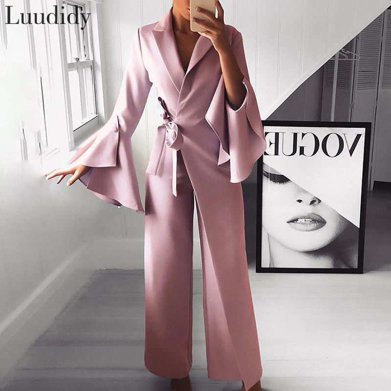 

Women Elegant Workwear Flare Sleeve Wide Leg Pants Long Jumpsuit, Blue