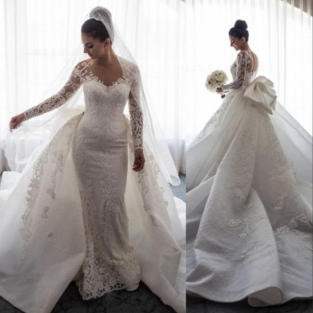 

2021 Luxury Mermaid Wedding Dresses Sheer Neck Formal Bridal Gowns Long Sleeves Illusion Full Lace Appliques Tulle Overskirts With Detachable Train Plus Size, Ivory