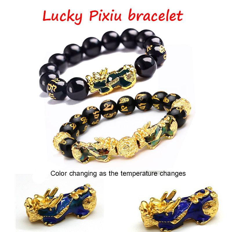

Bracelets Feng Shui Obsidian Stone Crowns Black Bixie Wealth Lucky Bracelet Men Women Unisex, Golden;silver