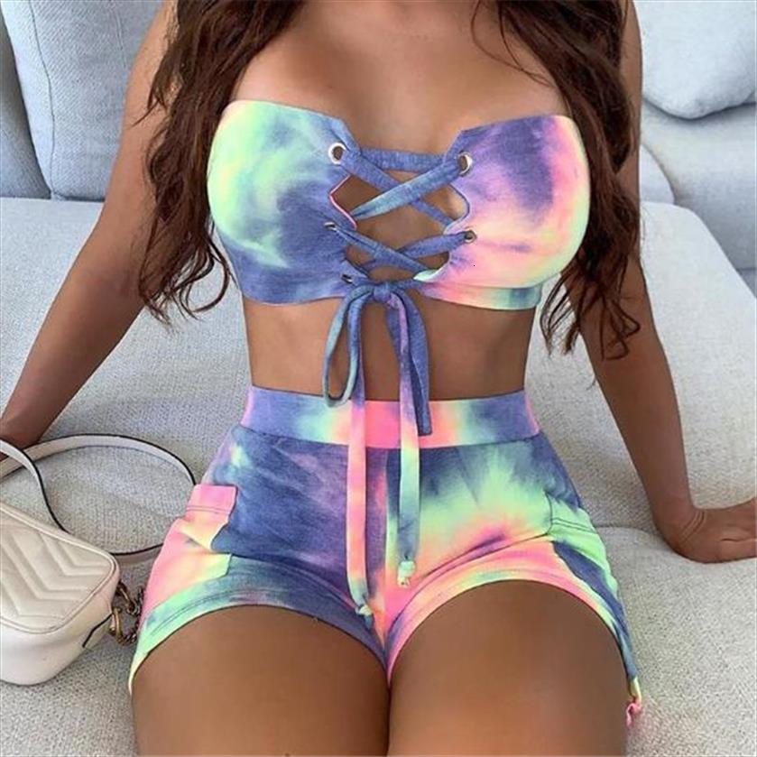 

fashion two piece short set womens tracksuits tie dye print tracksuit casual hollow out lace up bandage wrap chest crop, Gray
