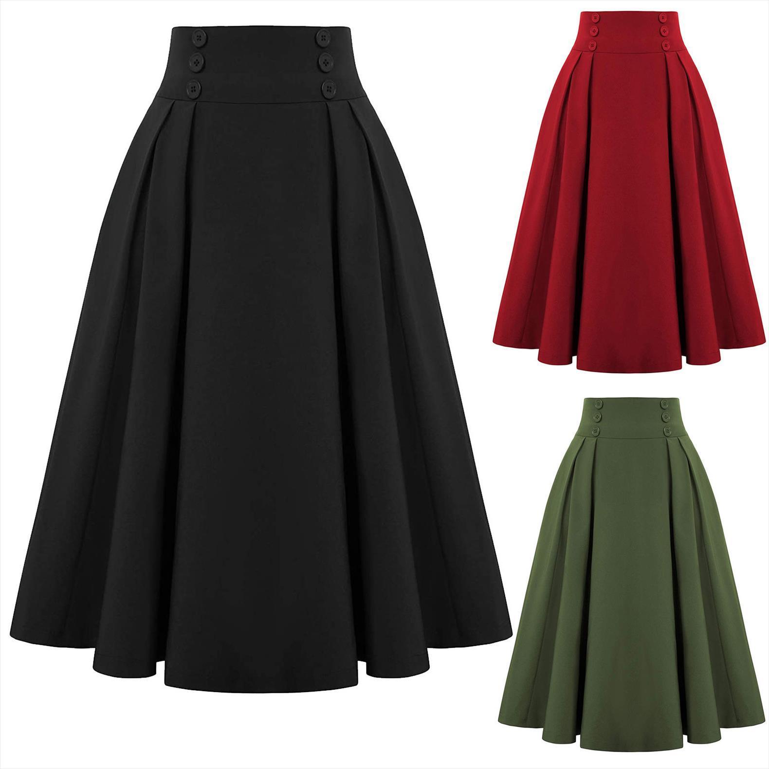 

high waist vintage style elastic womens skirts a line fashion pleated with pocket harajuku solid color, Black