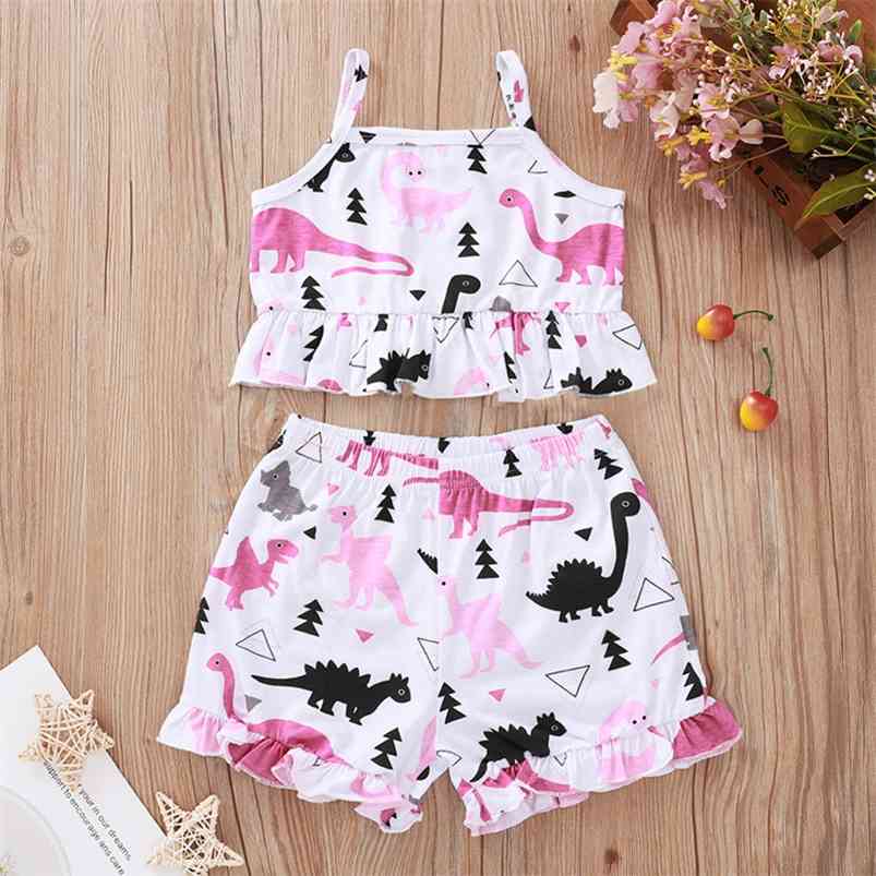 

Summer Children Sets Casual Middle Strap Print Dinosaur Tops Pink Shorts Girls Clothes 1-5T 210629