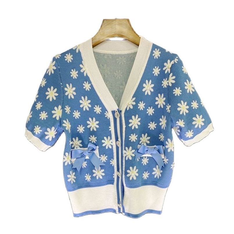 

Sweet beaded jacquard V-neck knitted cardigan all-match slim knit sweater summer fashion women' clothing 210520, Blue