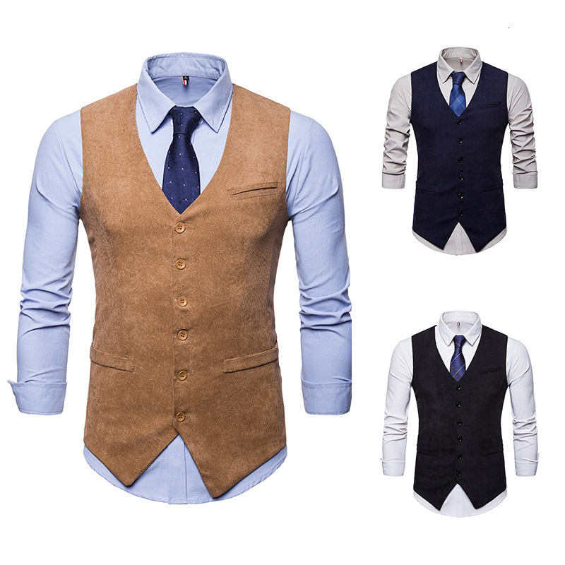 

Men' Vests Fashion Suit Formal Dress Sleeveless Jacket Wedding Waistcoat Male Business Classic Corduroy MO4N, Black
