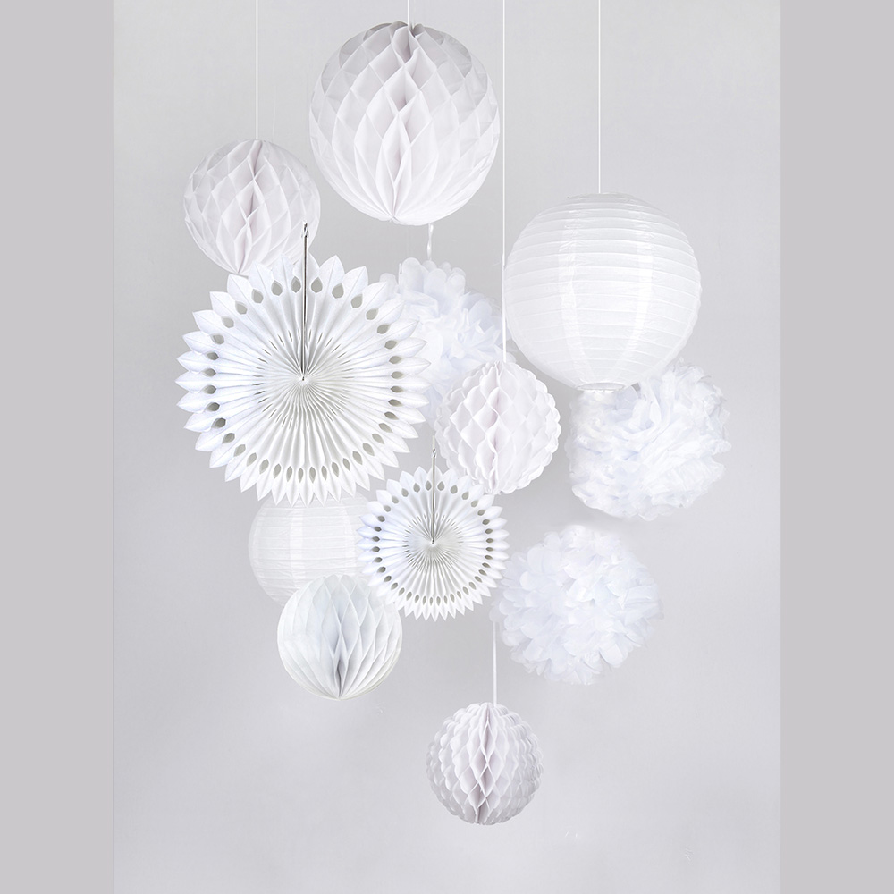 

White Wedding Party Decoration Set Paper Fans anterns Honeycomb Bas Tissue Pom Poms Honeycomb Bas Baby Shower Brida Shower