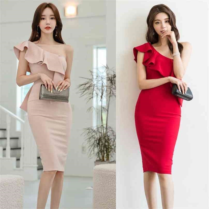 

Shoulder Ladies Bodycon Dress for women Summer Korea ruffle Sleeveless irregular neck Linen Office Party Dresses 210602, Pink