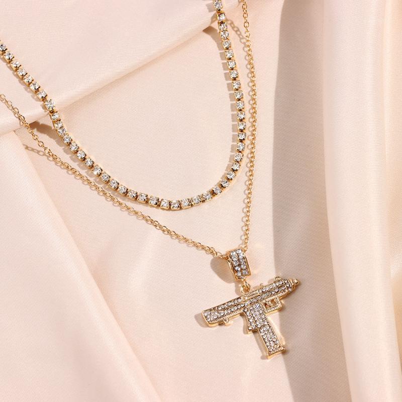 

Chains Punk Multi-layer Crystal Tennis Chain Necklaces For Women Men Bling Gold Silver Color Gun Geometric Rhinestone Necklace Jewelry