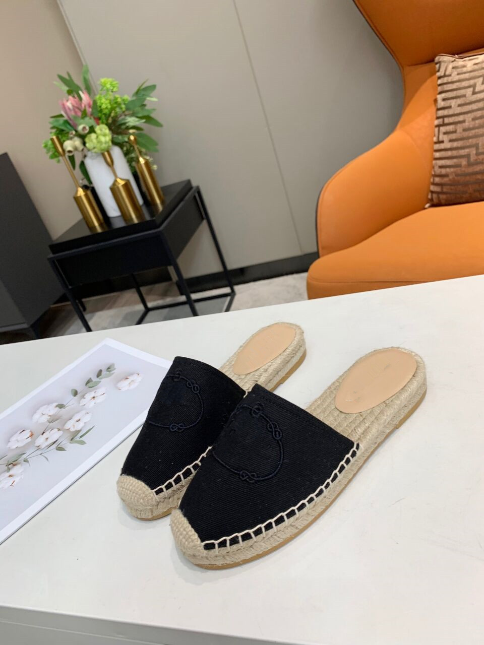 

Women Sandals canvas Slippers fisherman shoes Designers Slides Sandal Flip Flops Striped Beach Leather Flower Slipper Loafers espadrille With Box, Black