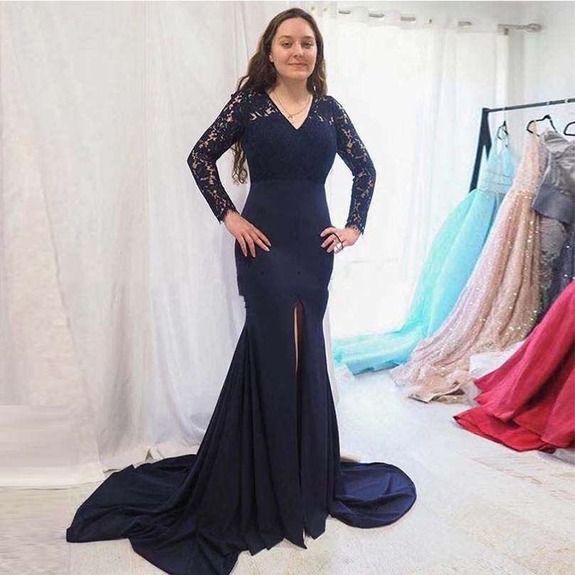 

Navy Blue Lace Mermaid Mother of the Bride Dresses Long Sleeves High Split Formal Evening Gowns Plus Size